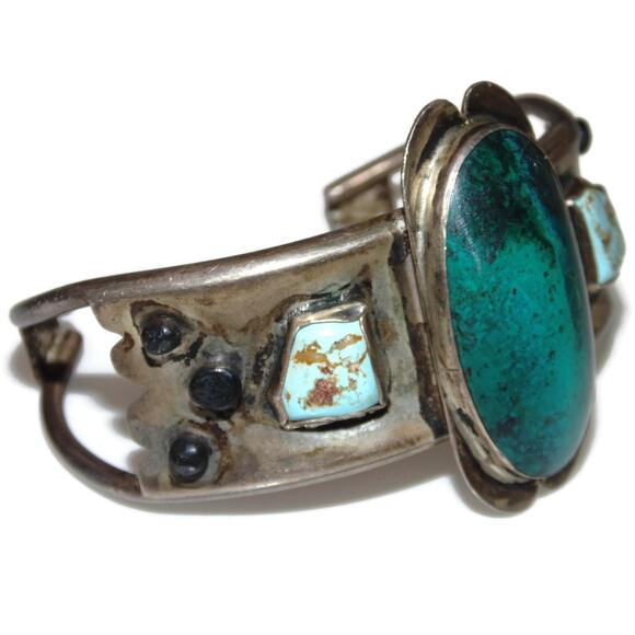 Southwest Cuff Bracelet Navajo Sterling Silver Turquoise Malachite Richard Begay - Picture 2 of 5